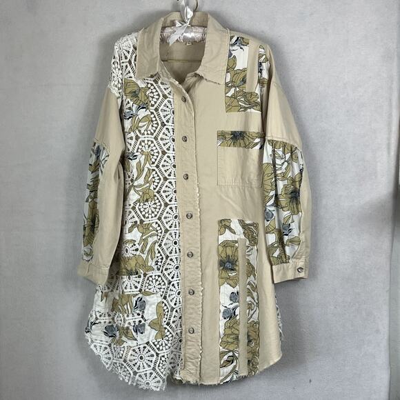POL Overcoat Jacket Women's L Button Up Collage Lace Floral Beige Distressed - Picture 1 of 10